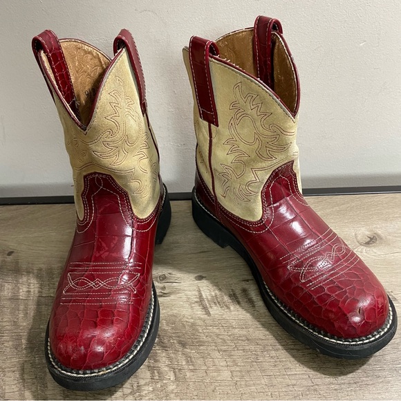 Women's ARIAT Red MOC CROC Beige Suede FAT BABY Western COWGIRL Cowboy BOOTS - Picture 3 of 7